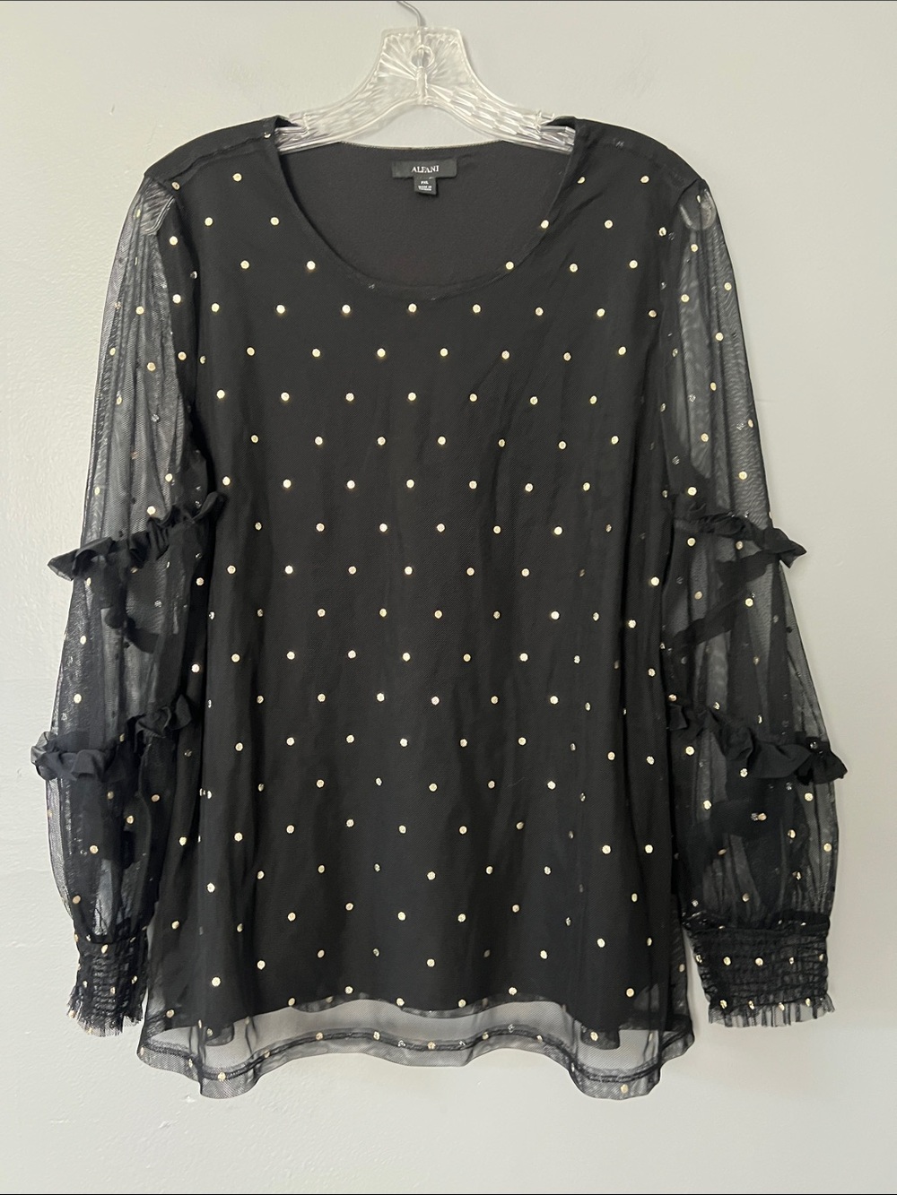 Alfani Black Blouse with Gold Dot Sheer Ruffle Sleeves